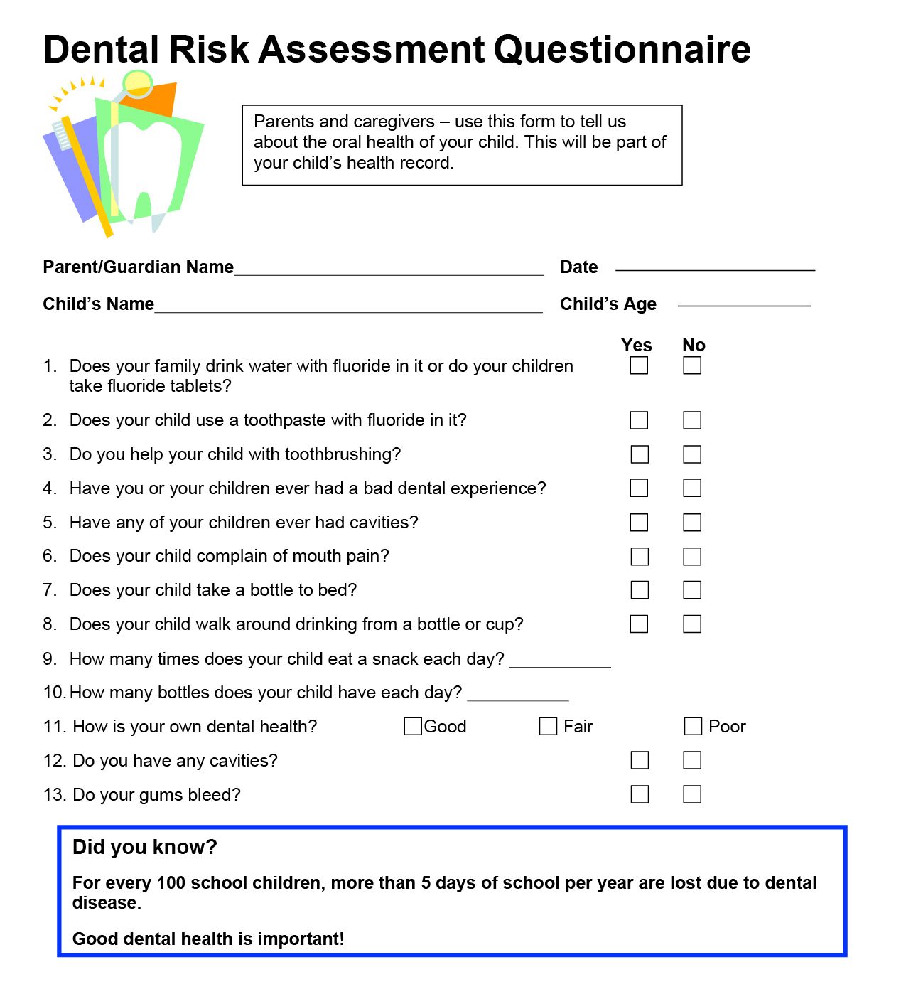 The Kids Dentist Dental Risk Assessment Questionnaire