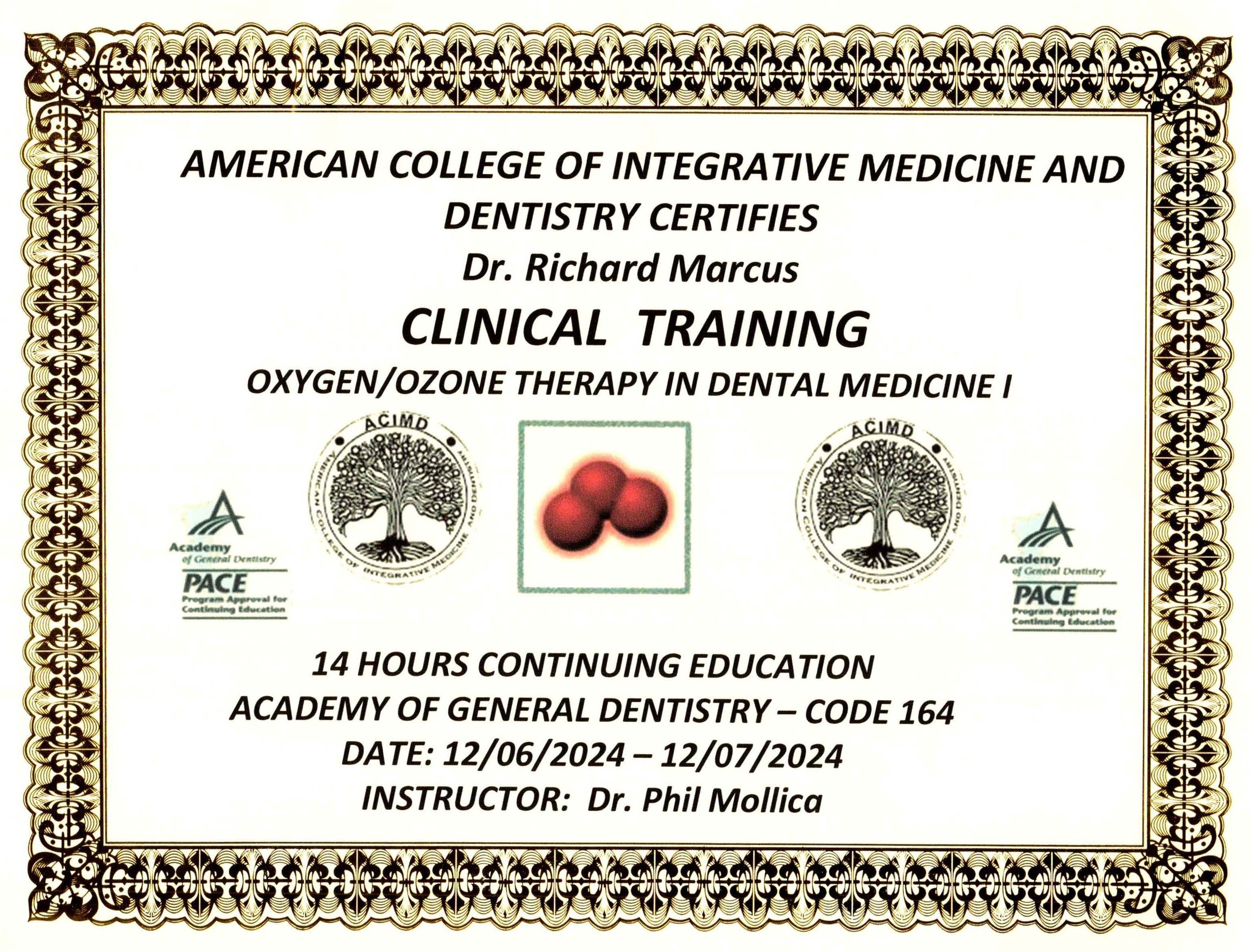 Image of Dr. Richard Marcus's Ozone Therapy Certification